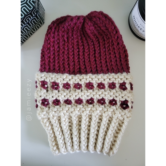 Two-Tone Waffle-Base Knit Beanie - Burgundy/Cream (Handmade) - Picture 4 of 11